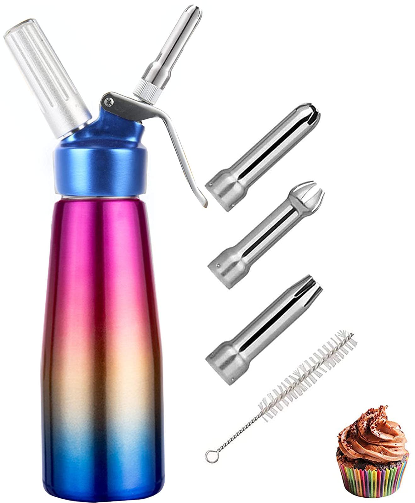 Professional Aluminum Whipped-Cream Dispenser - Highly Durable Cream Whipper, 3 Various Stainless Culinary Decorating Nozzles and 1 Brush
