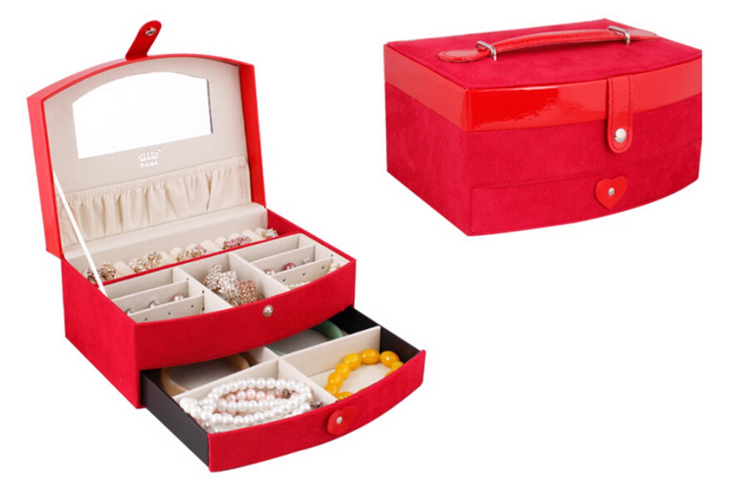GIFT4U Elegant Two-Layer Lint+Leather Jewelry Box Organizer Case Storage with Lock Drawer Mirror Red