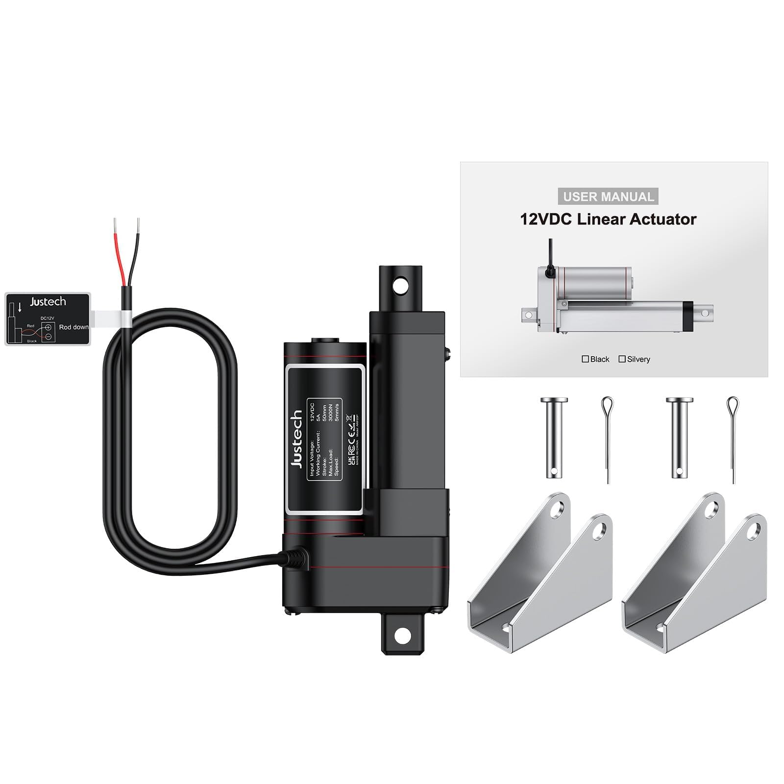 Justech Actionneur Linéaire 50mm 3000N/660LBS IP65 5mm/s Moteur Actionneurs Moteur Linéaire Actionneur Variable dB≦50 Ouvre-Porte Vérin de Levage 12V DC avec Moteur électrique CE et RoHS