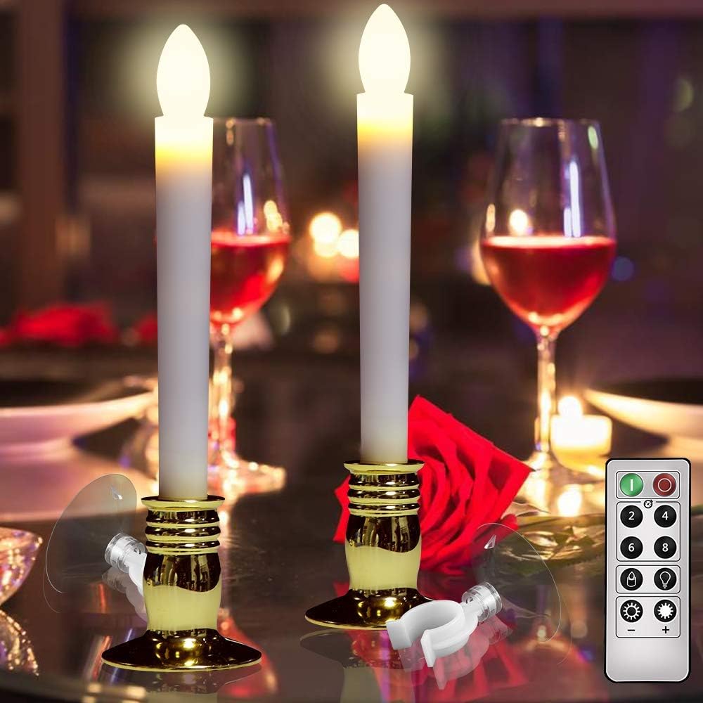 Up To 40% OFF MAXEDOD 10 PCS Led Window Candles with Remote Timer Battery Operated Taper Candles Flameless Flickering, Gold Candle Holders for Christmas, Wedding, Party Decorations