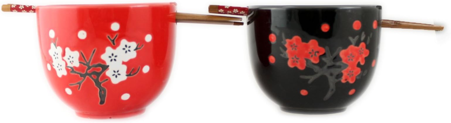 Cherry Blossom Pair Japanese Style Bowls with Chopsticks
