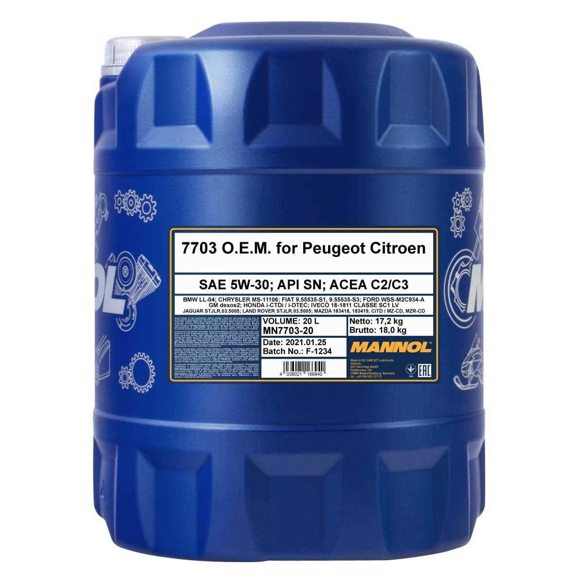 Aceite de motor Mannol 7703 O.E.M. 5W-30 de 20 litros, aceite sintético + grifo de salida