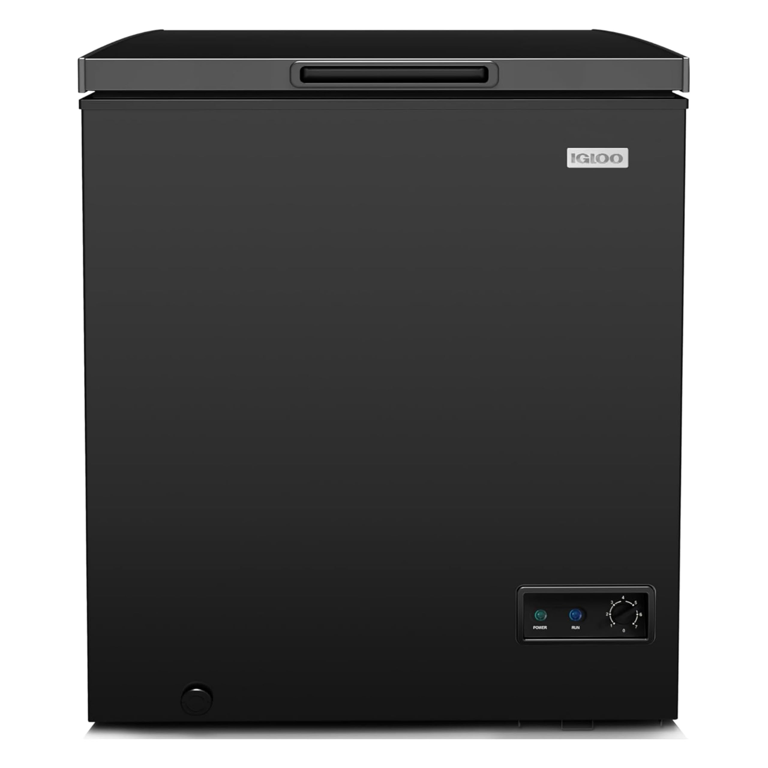 Igloo 5.0 Cu. Ft. Chest Freezer With Removable Basket, Free-Standing Door Temperature Ranges From -10 to 10 F, Front Defrost Water Drain, Perfect for Homes, Garages, Basements, RVs, Black