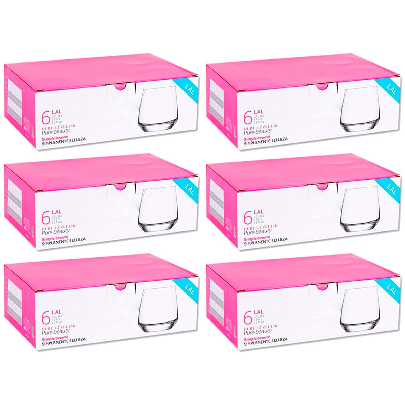 Acan Tradineur - Pack de 6 Cajas de 6 Vasos Modelo Lal - Capacidad: 345 ml - Fabricado en Vidrio Resistente - Apto para lavavajillas - Tamaño aprox: Ø 7 x 9 cm - 36 Uds Totales.