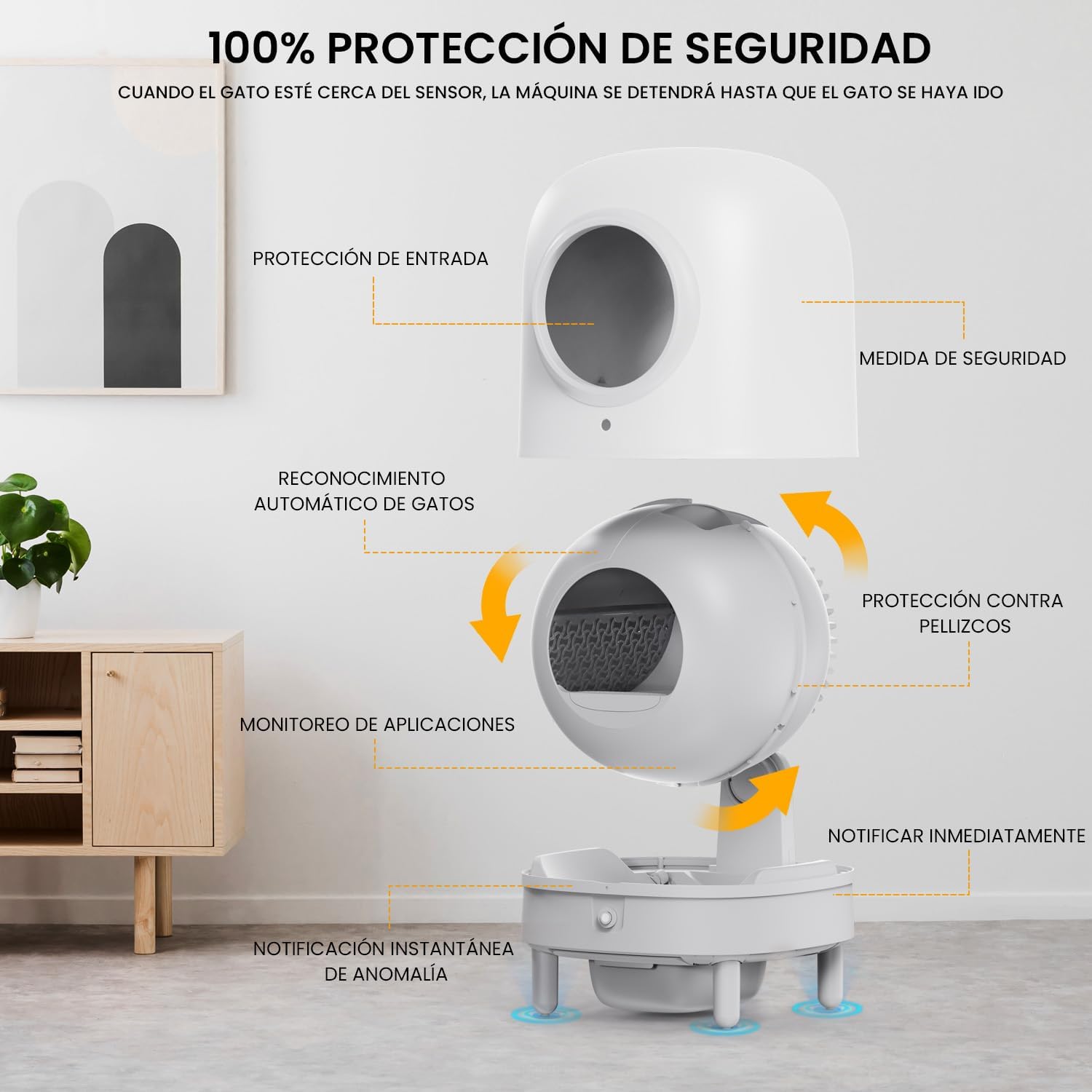 Image showing the Kivsin Smart Cat Litter Box next to a sleeping person, with a graphic indicating noise levels below 40dB, emphasizing ultra-quiet operation.