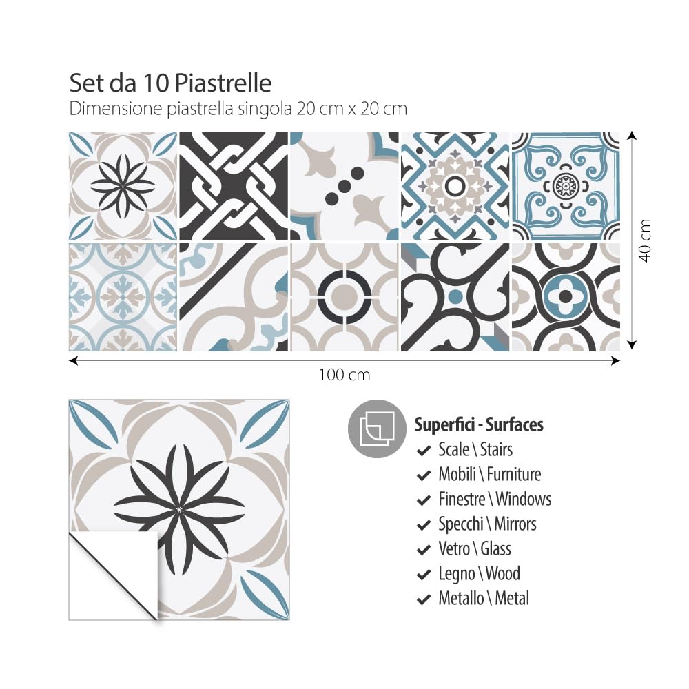 RE-COVERTILES - Adesivi per Piastrelle Bagno e Cucina 10 Pz 20x20 cm - PS00054 Decorazione murale in PVC Impermeabile mattonelle Mosaico Stile cementine Azulejos