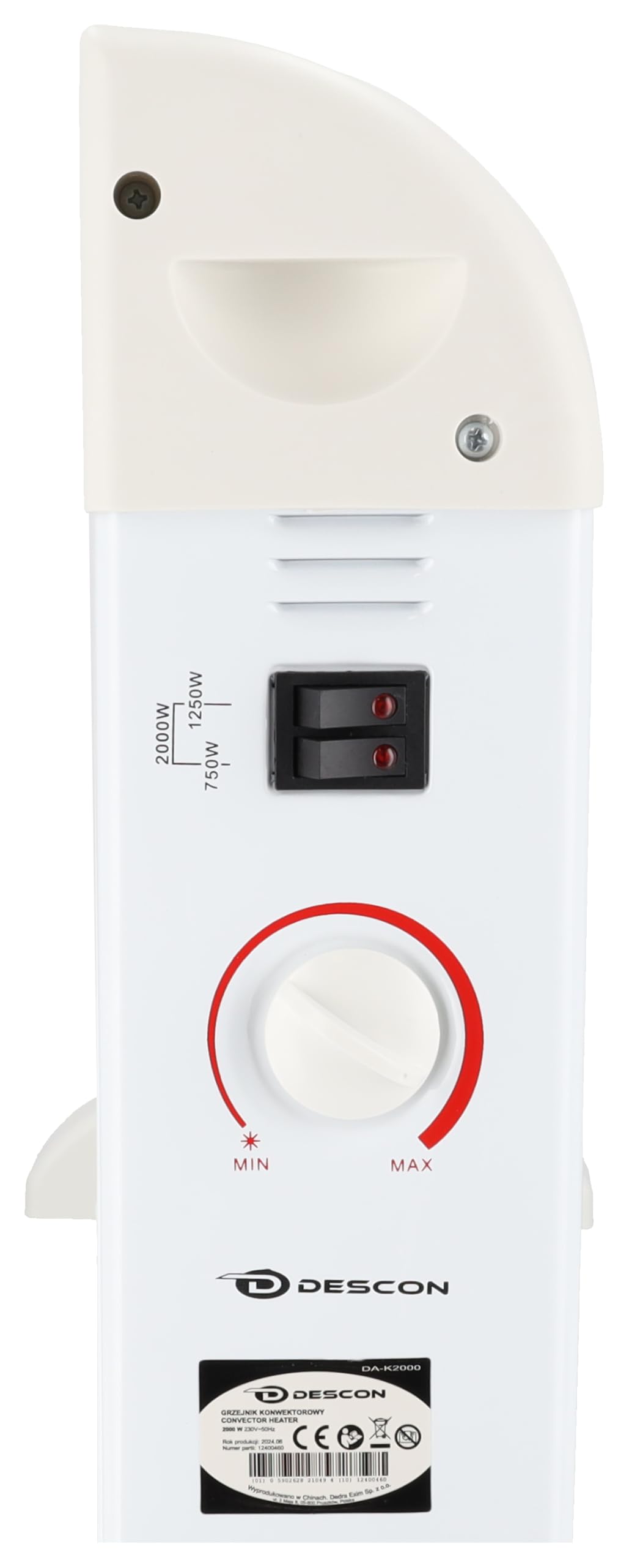 Calefactor convector con 2000 W de potencia, DESCON, protección antivuelco, termostato, protección contra sobrecalentamiento, fácil manejo y transporte, para calefacción adicional eficiente