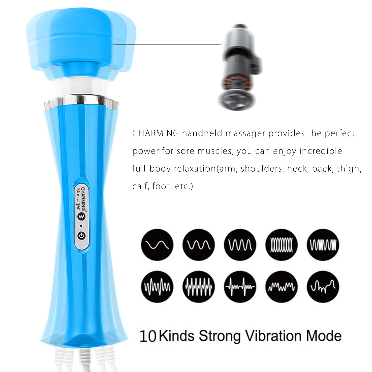 CHARMING Wired Powerful Handheld Massager with Strong 10 Vibrations Back Massage, Personal Therapy Massager for Sports Recovery, Muscle Aches, Full Body Pain ()