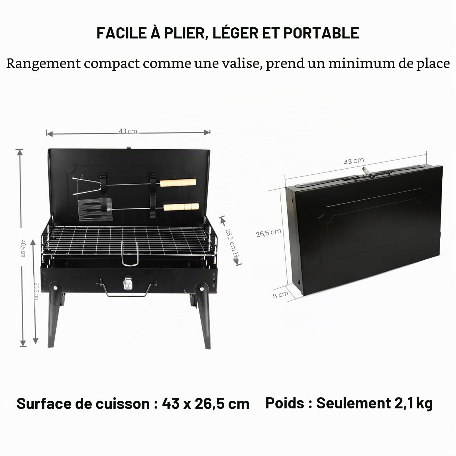 Barbecue à charbon pliable au format valise, petit barbecue de table portable avec grille et accessoires, barbecue compact en acier inoxydable pour la maison, le camping et les pique-niques