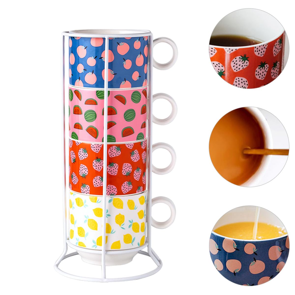 Set 4 Tazze da caffè Impilabili in Ceramica Supporto in Ferro, capacità 200ml, Salvaspazio e Facile da Conservare per Casa e Ristoranti