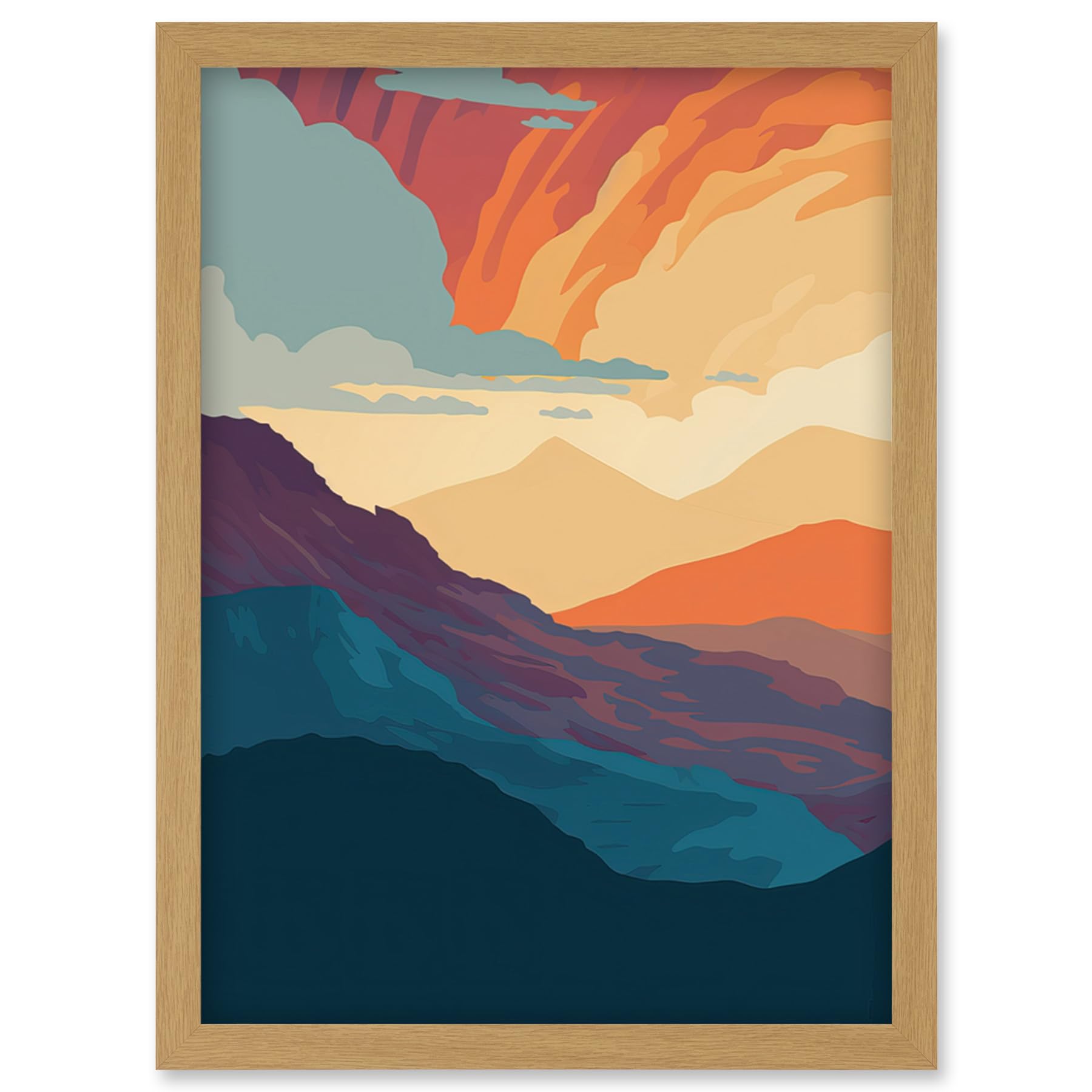 Artery8 Atmospheric Sunset Sky Serene Mountain Landscape Artwork Framed Wall Art Print A4