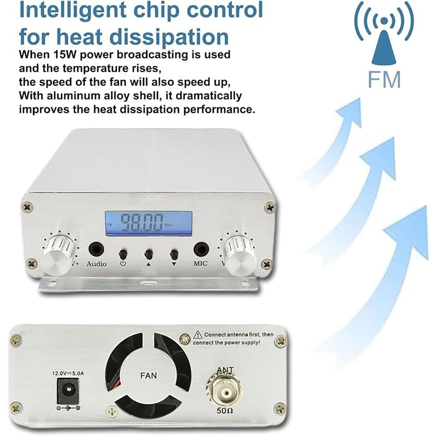 Transmisor FM de 15 W, transmisor de transmisión FM de Largo Alcance de 87-108 MHz con Conector de micrófono de 3,5 mm, para autocine, estacionamiento de Iglesias, Eventos de supermercados