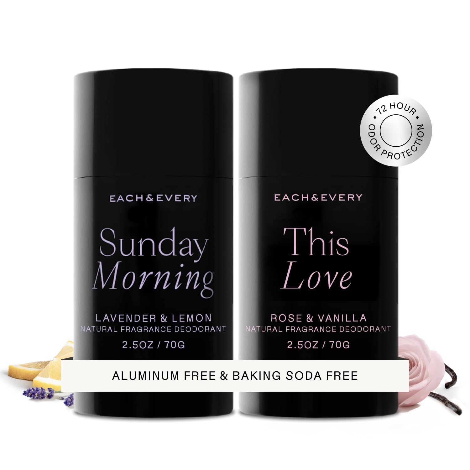 Natural Deodorant for Men & Women - Aluminum- Free, Sensitive Skin, Plant-Based, Baking Soda-Free, 24 Hr Odor Control - Lavender & Lemon + Rose & Vanilla Travel Size Multipack, 2.5oz