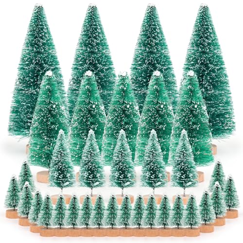 Coopay Lot de 34 mini sapins de Noël - Vert - Brosse à bouteille - Pour décoration de table, bricolage, décoration de Noël - 4 tailles - 4,5 cm/6,0 cm/8,5 cm/12,5 cm