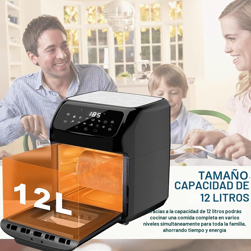 Bakaji Horno freidora de aire caliente para freír cocina parrilla seca sin aceite Airfryer capacidad 12 litros pantalla LED táctil 12 programas temporizador regulación temperatura potencia 1800 W