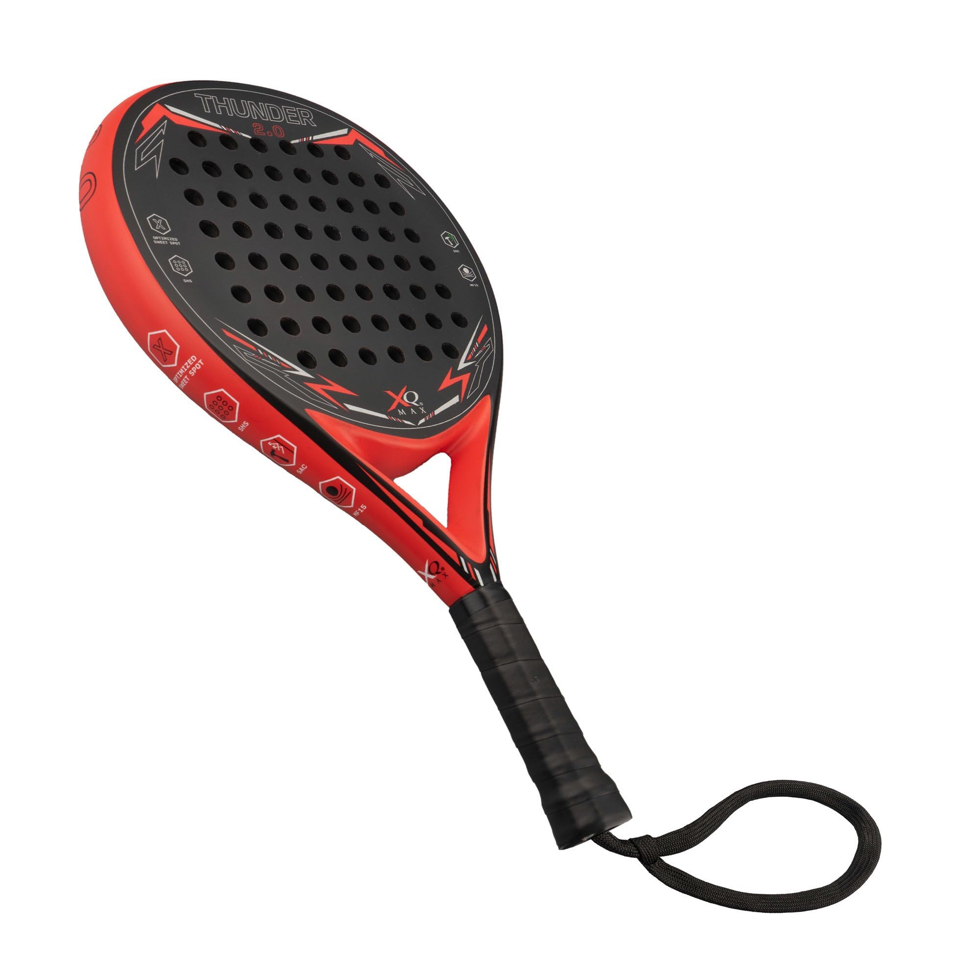 XQMax Raquette de padel Thunder 2.0 noir/rouge, raquette pour débutant + bande de poignet, forme ronde + Sweet Spot, carbone, fibre de verre et mousse