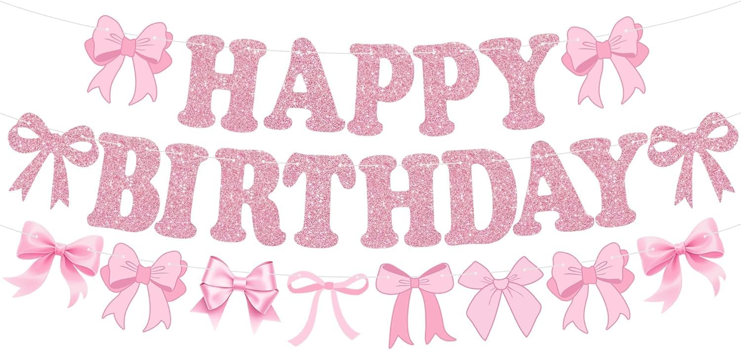 DecoGlee Glitter Pink Bow Happy Birthday Banner Pre-Strung Coquette Birthday Decorations Bow Theme Party Backdrop Sign Garland Pink Bow Party Supplies Decorations for Women Girls,NO-DIY