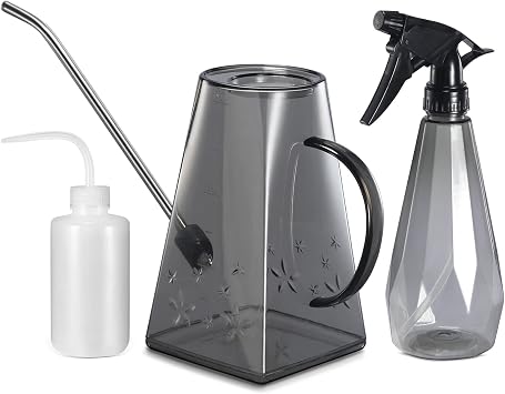 Goowin Watering Can Indoor Plants, 47 oz Long Spout House Plant Flower Watering Can, Creative Wide Opening Plastic Watering Can with 16 oz Spray Bottle & 8.5 oz Squeeze Bottle, Grey