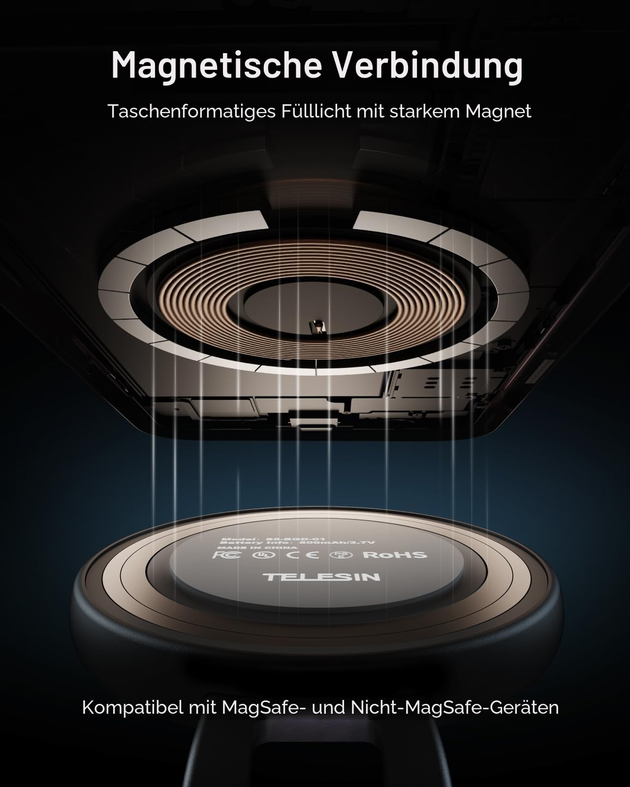 TELESIN C03 Magnetische Selfie-Licht, 3-in-1 Magnetische Selfie Licht Kompatibel mit Magsafe, CRI97 360° LED Handy-Licht mit Spiegel für iPhone/Android, für Selfie/Fotografie/TikTok/Zoom Anrufe/Video