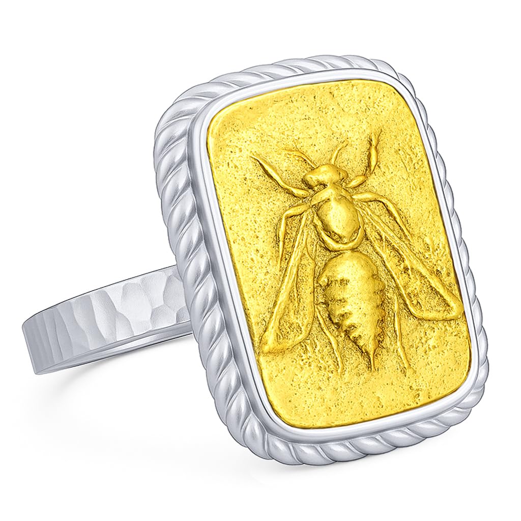 CAPRIXUS 925 Sterling Silver Signet Ring – Two-Tone 24K Gold Vermeil Ancient Artemis Greek Queen Honey Bee Coin, Hammered Bumblebee Pinky Ring, Turkish Fine Jewelry
