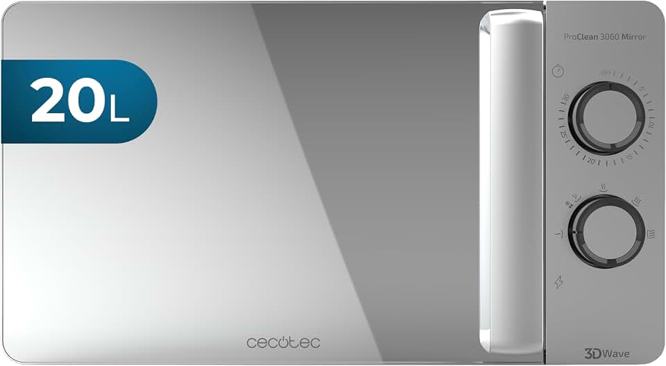 Cecotec Microndas 20 L ProClean 3060 Mirror. 700W en 6 Niveles, Revestimiento Ready2Clean para una mejor limpieza, Tecnología 3DWave, Color plateado
