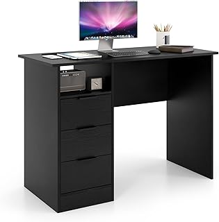 COSTWAY Computer Desk, Wooden Study Table Writing Workstation with Power Outlet, USB Ports, 3 Storage Drawers and Open Compartment, Modern PC Laptop Table Working Desk for Home Office Bedroom (Black)