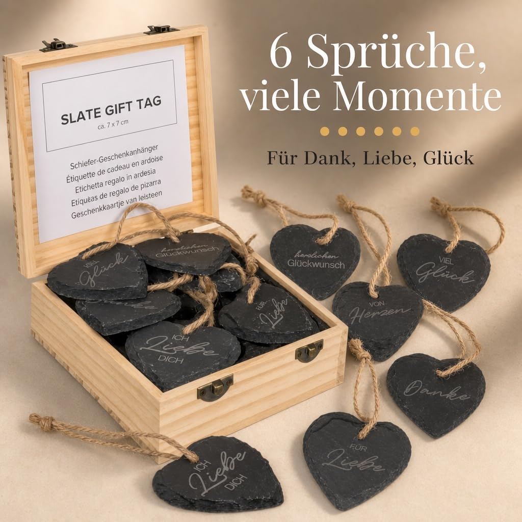 MIJOMA Schiefer Herzanhänger 24er Set – Gravierte Geschenkanhänger mit 6 Sprüchen – 7x7 cm – In Holzbox – Perfekt für Mitbringsel & Dekoration