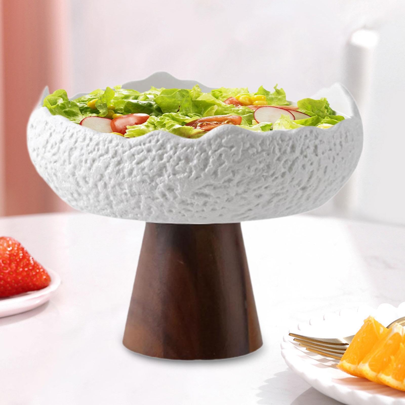 Colcolo Placa de Ensalada de cerámica Plato Aperitivo Irregular Elegante Elegante servición Japonesa tazón Base de Madera para la Cocina de Restaurante, Blanco