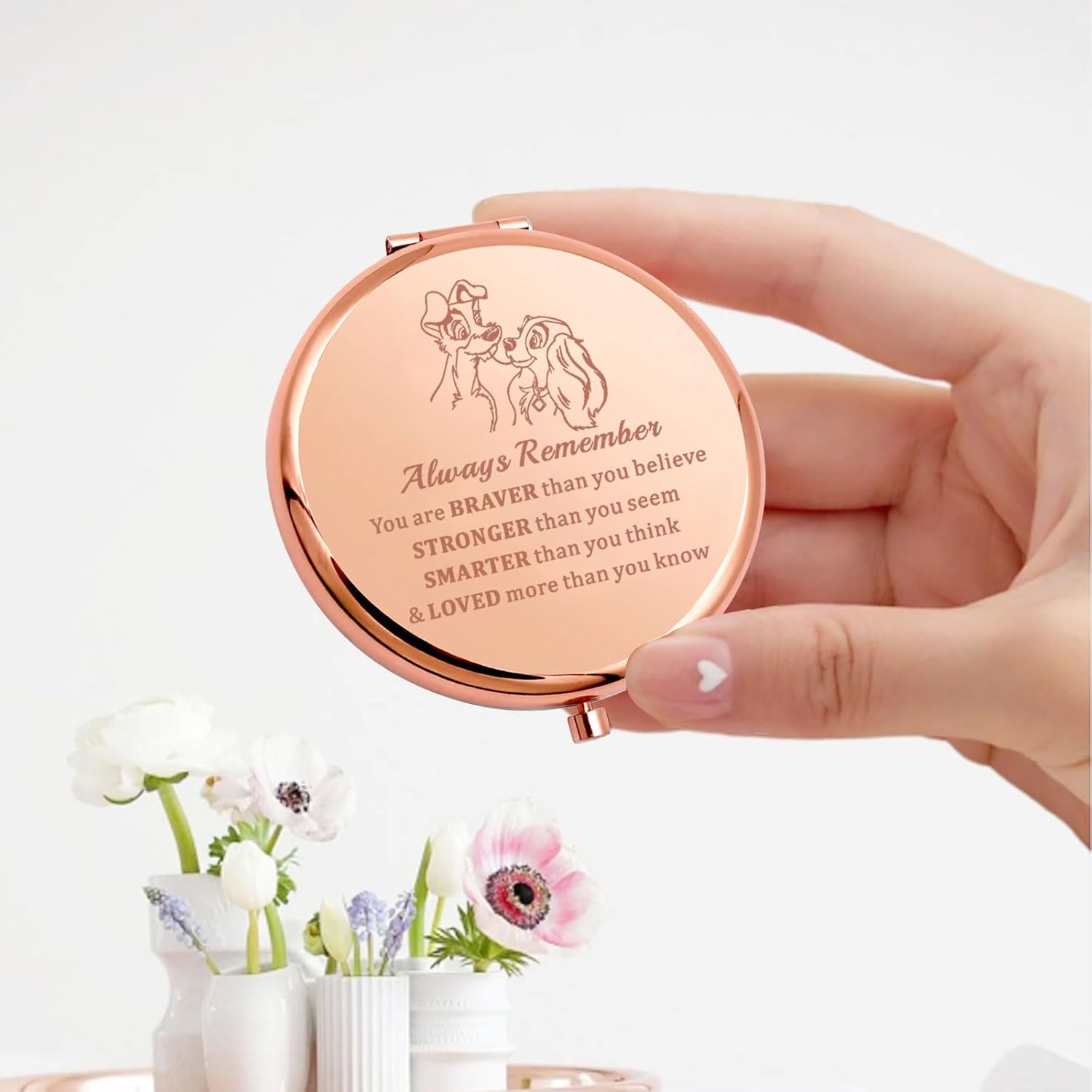KEYCHIN Lady Dog Pocket Mirror Tramp Dog Fans Gifts You are Braver Stronger Smarter Than You Think Lady Tramp Couple Compact Mirror (Lady Dog-RG) - Image 3