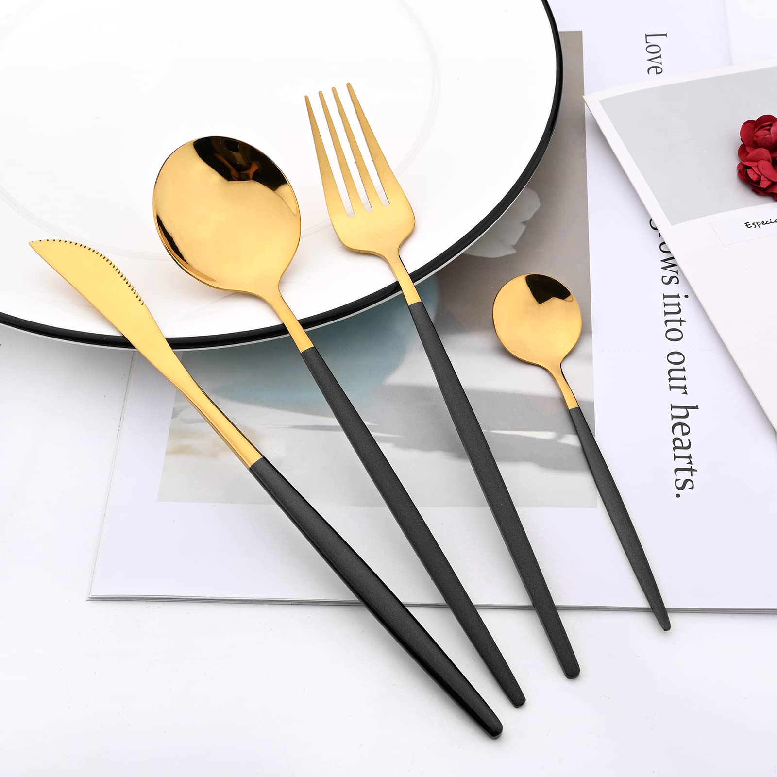 Set di posate a specchio, 24 pezzi in acciaio inox 18/0, con manico nero, semplice e moderno, per casa, feste, ristoranti, cene di Natale, servizio per 6 (oro nero)