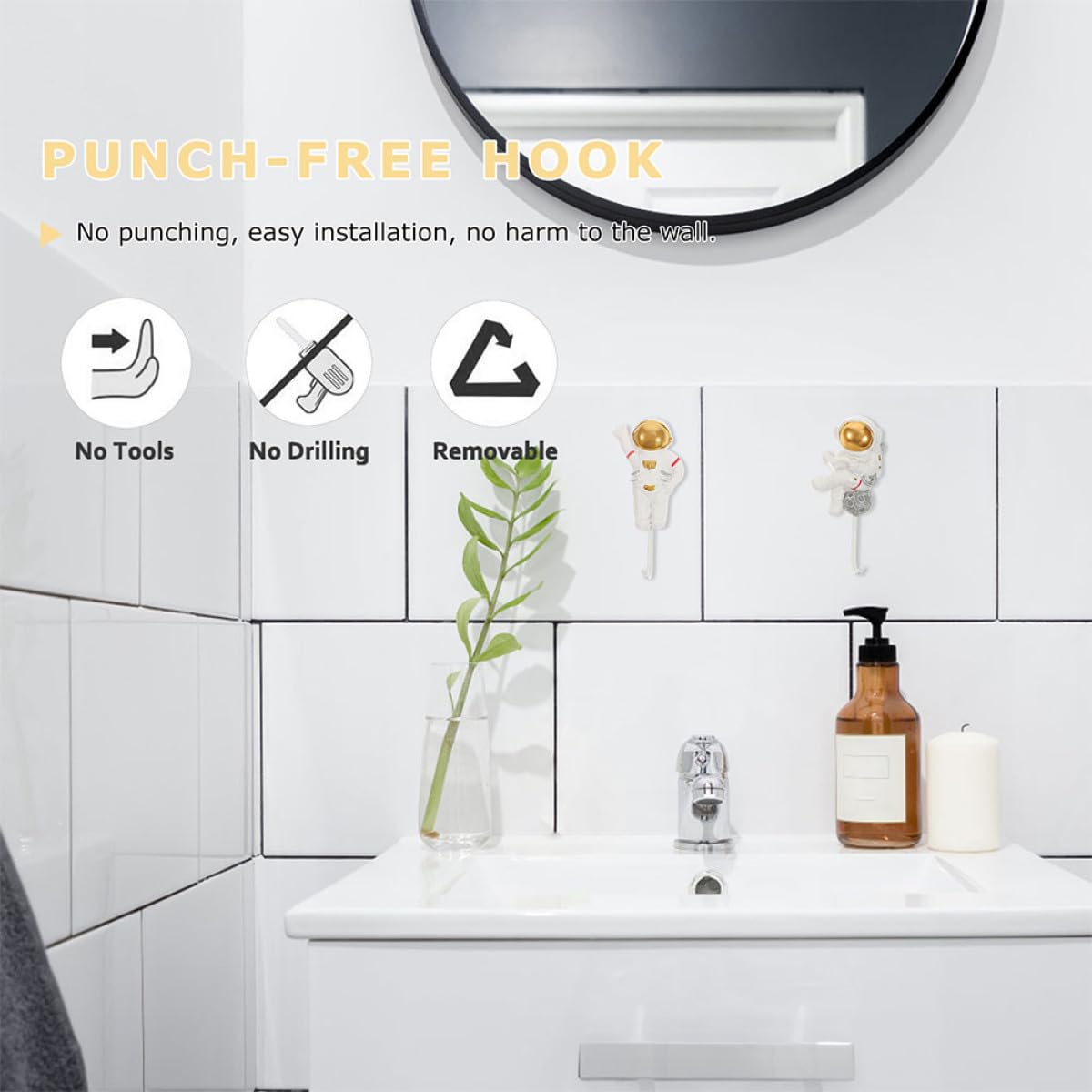 Lot de 3 Crochets Muraux Adhésifs en Résine D’astronaute, Design Décoratif, sans Perçage, Robustes et Compacts, Cuisine, Salle de Bain et Rangement Mural