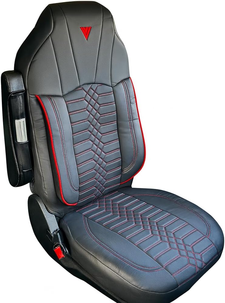 Seat Cover – Compatible with Kenworth T680, T880 & W990 OEM Stock Seats – Black Faux Leather with Red Center Panel, Custom Fit, Durable, Easy Installation, Truck Interior Protection (Black/red)
