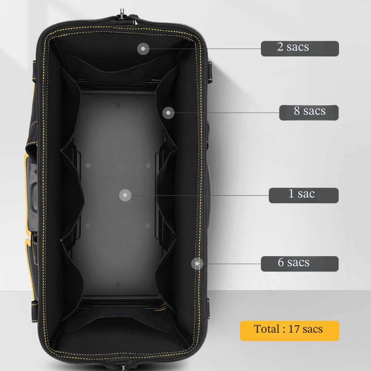 Sac à outils robuste, organiseur pour outils à main/électriques, avec bandoulière, fermeture éclair et base en caoutchouc résistant à l'usure, grande capacité, imperméable, rangement d'outils, etc.
