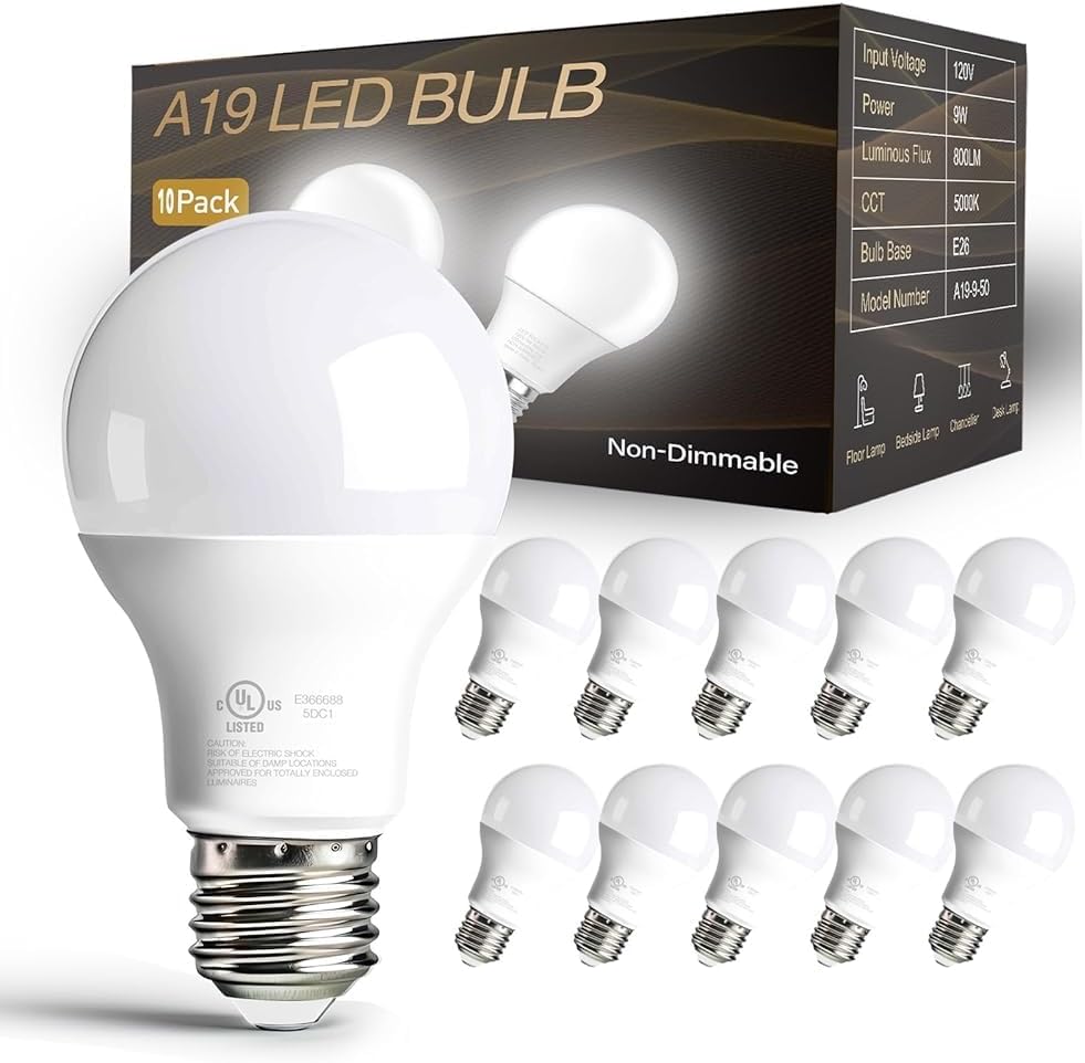 dalattin 10 Pack LED Light Bulbs A19 E26 60 Watt Equivalent Daylight White 5000K Standard Lightbulb, 800 LM, Efficient 9W Energy Saving, Non-Dimmable, 80+ CRI, 120V, UL Listed, for Indoor