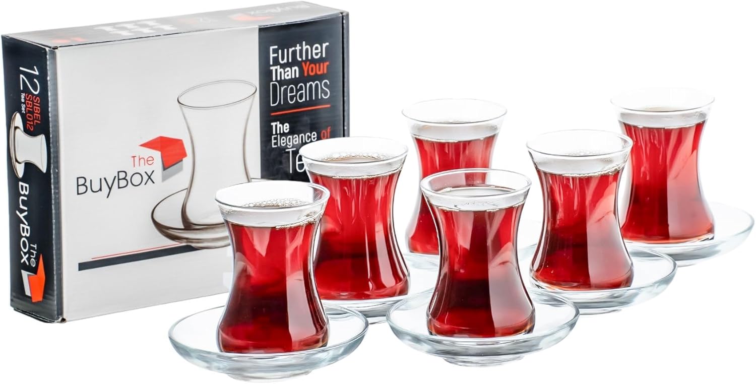 Turkish Tea Glasses and Saucers Set (12 Pieces), Arabic Persian Tea Cups (4oz/120ml)