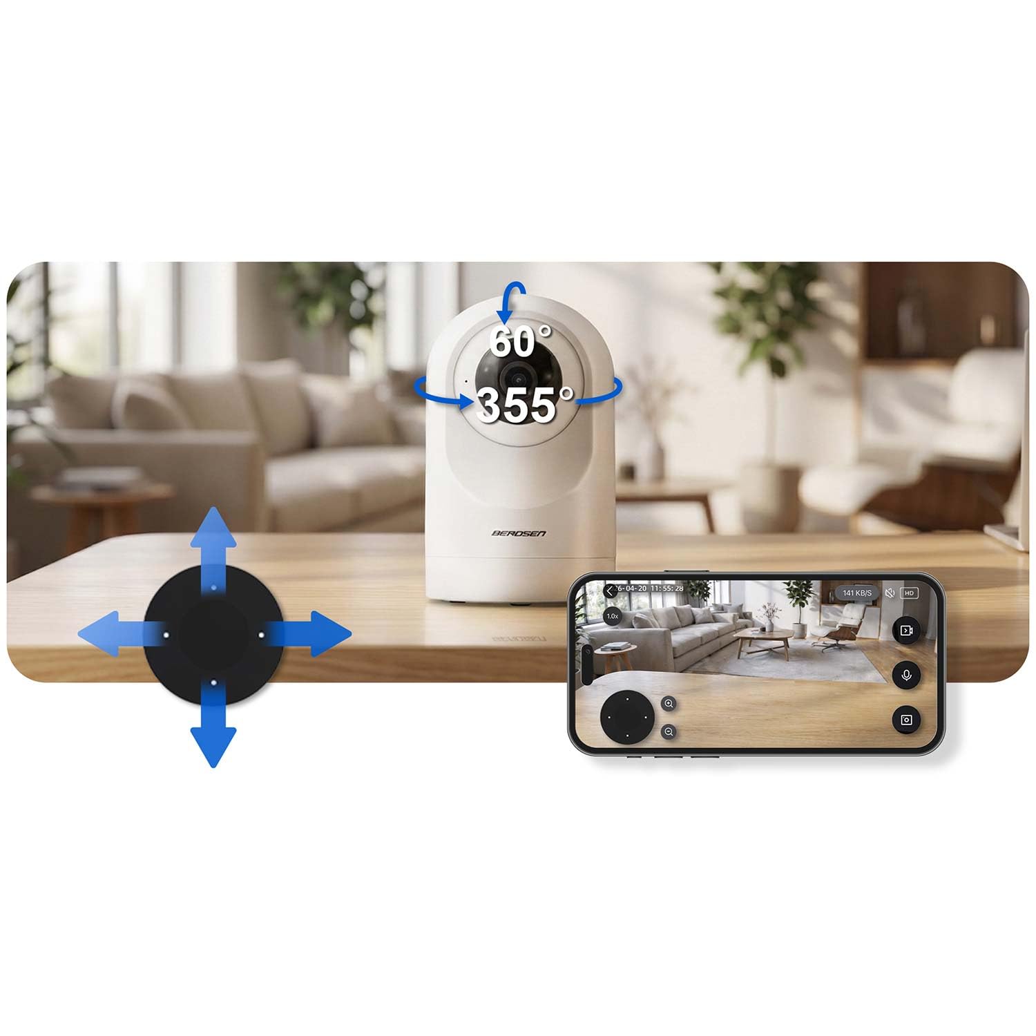 Berdsen Vigilabebés con cámara WiFi IP de 5 MP Tuya - ángulo de visión de 109°, orientable 355°/60° - Modo Nocturno, detección de Movimiento, Audio bidireccional, microSD