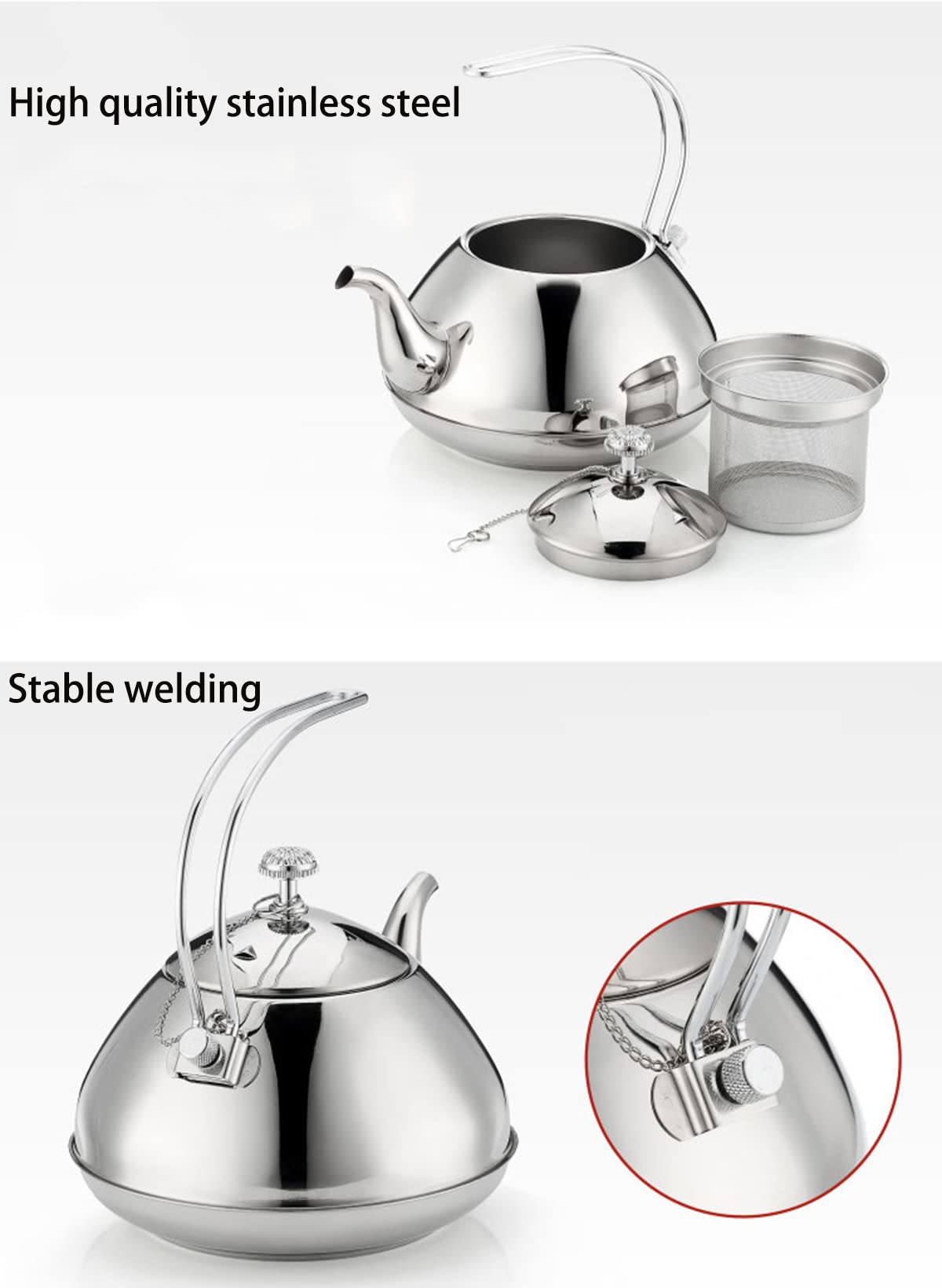 Teiera da 1,5 Litri, bollitore per teiera in Acciaio Inossidabile con infusore Rimovibile lucidato a Specchio per tè alle Erbe e infusi alla Frutta, Argento, 7,5 * 6,3 * 6,3 Pollici