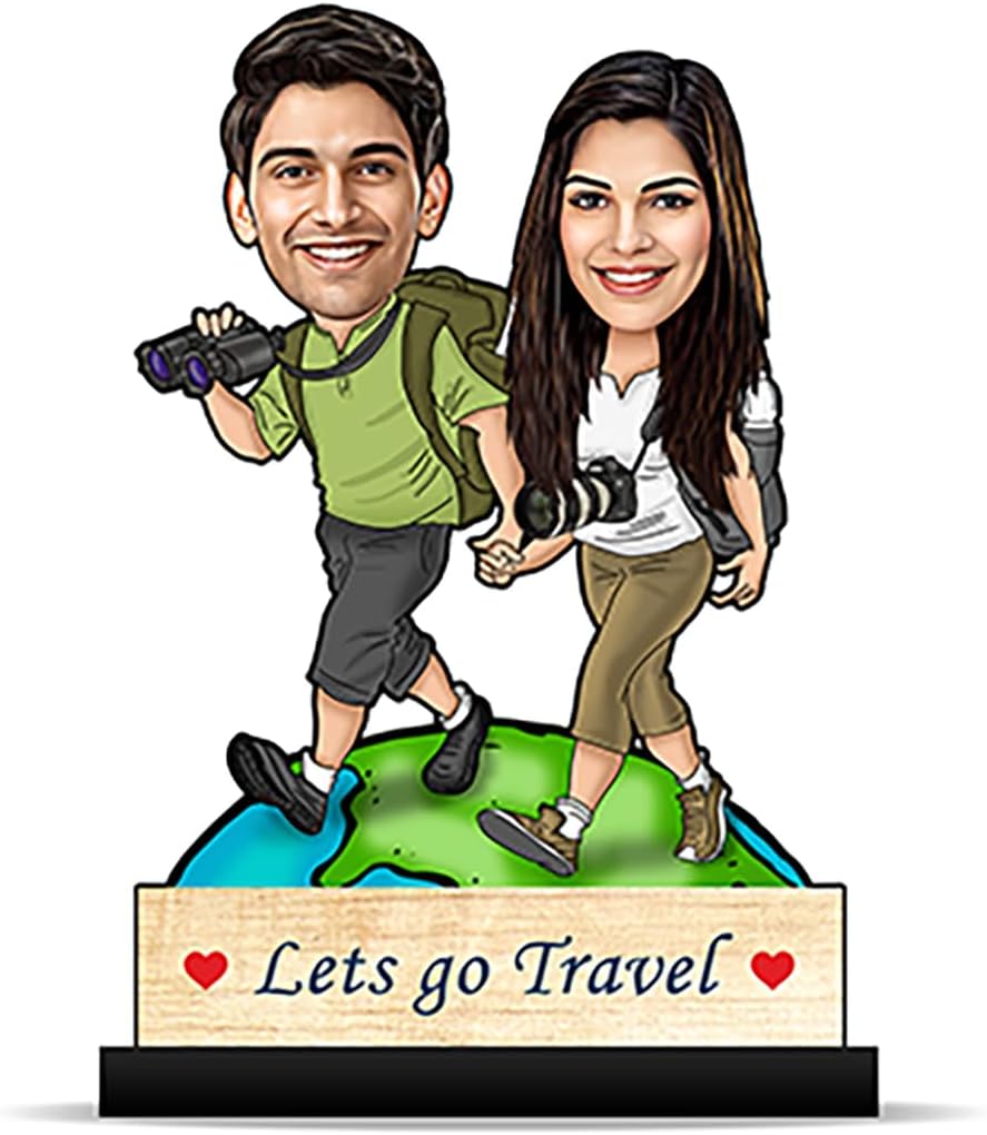 Personalized Gift Caricature World Tour Explorer Couple Cutout Standee Customized with Your Photos (Wooden_8 inch, x 5 inch_Multicolour) CA0145