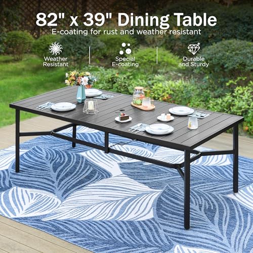 Image of PHI VILLA 9 Pcs Outdoor Dining Set for 8,83 inch Rectangular Metal Table, Black | Metal Table with Umbrella Hole & Stackable Black Wrought Iron Chairs, Large Outside Furniture for Patio, Deck, Yard, Porch