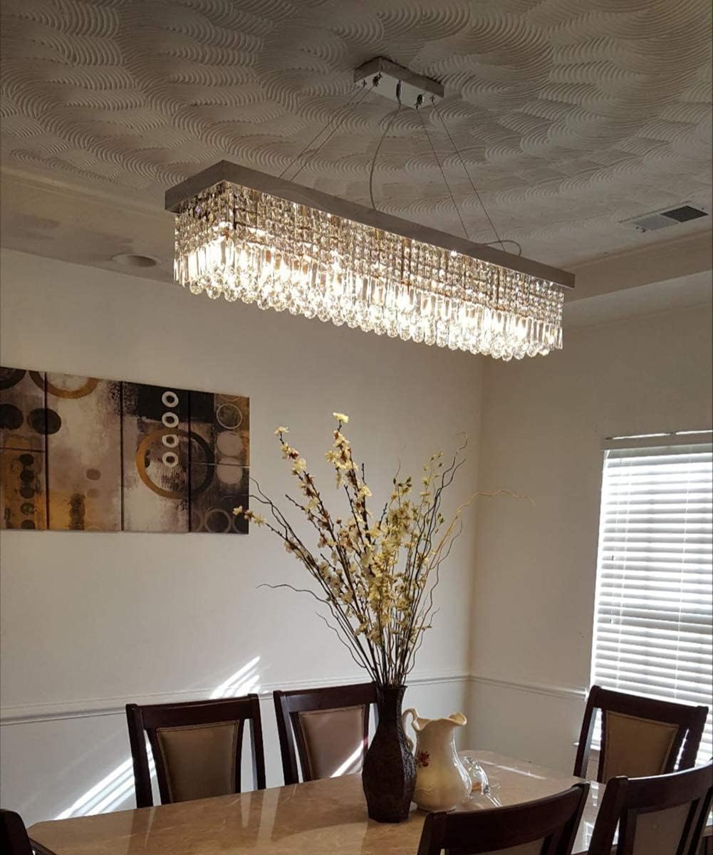 7PM Rectangle K9 Crystal Chandelier Modern Rectangular Pendant Light Fixture for Dining Room Kitchen Island Chrome L40 x W10 x H10
