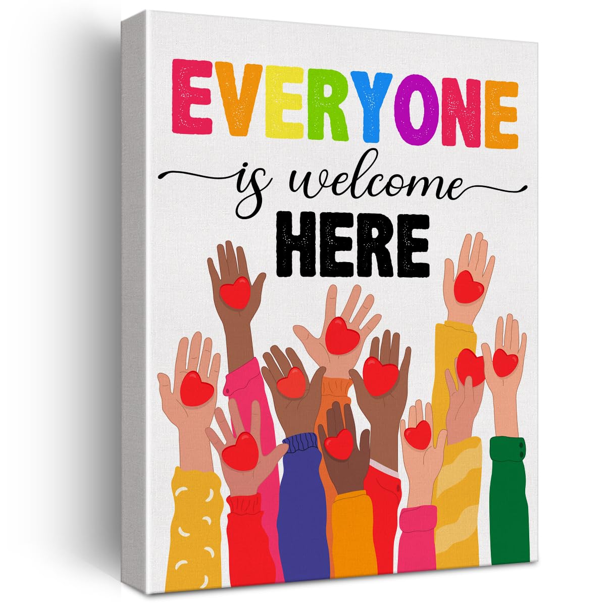 Everyone Is Welcome Here Diversity Wall Art Canvas Painting Print Framed Inclusion Equality Artwork Canvas Sign for Classroom Decor (12x15 Inch)