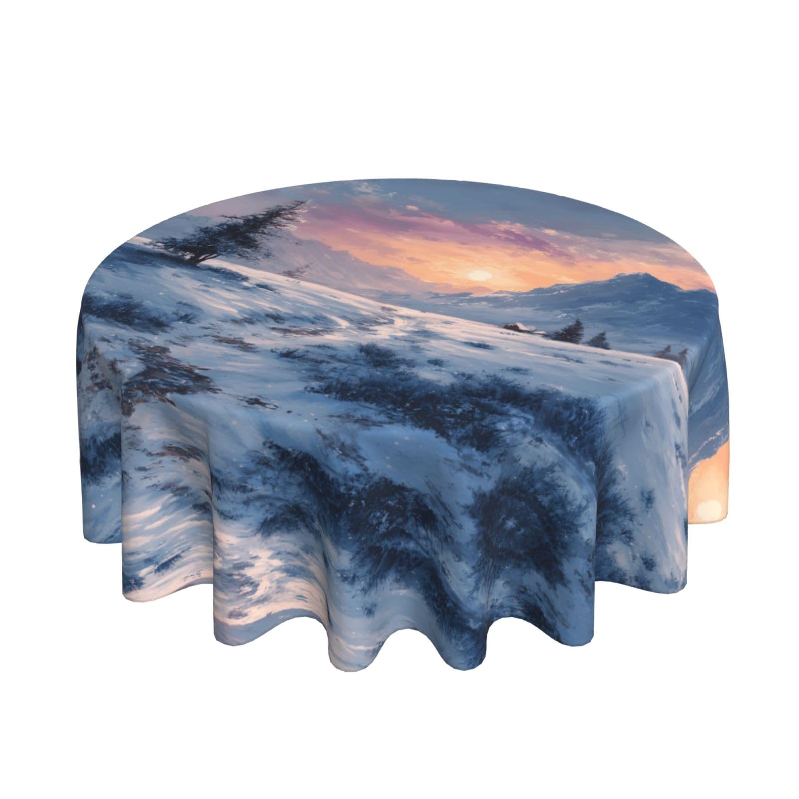 ESNAIUVCD Winter snow scenery print Round Tablecloth Waterproof Washable Wipeable Resistant Polyester Circular Table Cover for Dining Room Kitchen Indoor Outside 60"