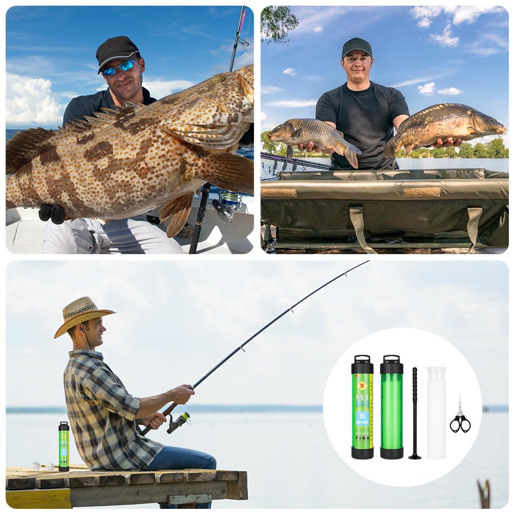 OFFCUP Juego de Pesca de Red PVA de 5M Pesca de Cebo de Malla Bolsas de PVA con Tijeras Agua de Recarga Rápida Soluble Red Estrecha Alimentador De Pesca De Cebo émbolo Anzuelo Accesorio
