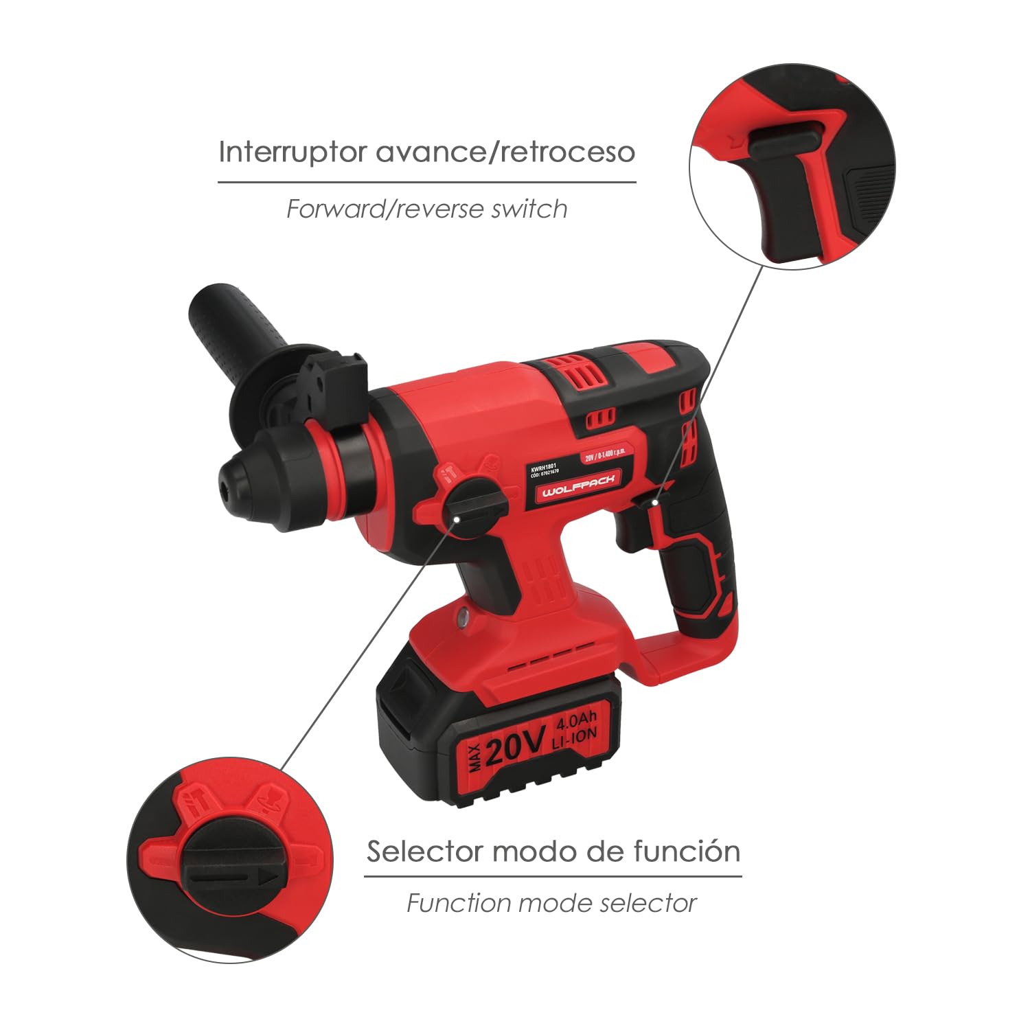 WOLFPACK LINEA PROFESIONAL Młot SDS PLUS do akumulatora 20 Volt. Z akumulatorem 4,0 Ah. 1400 obr./min. 3 funkcje dłutowania, wiercenia i wiercenia młotkiem