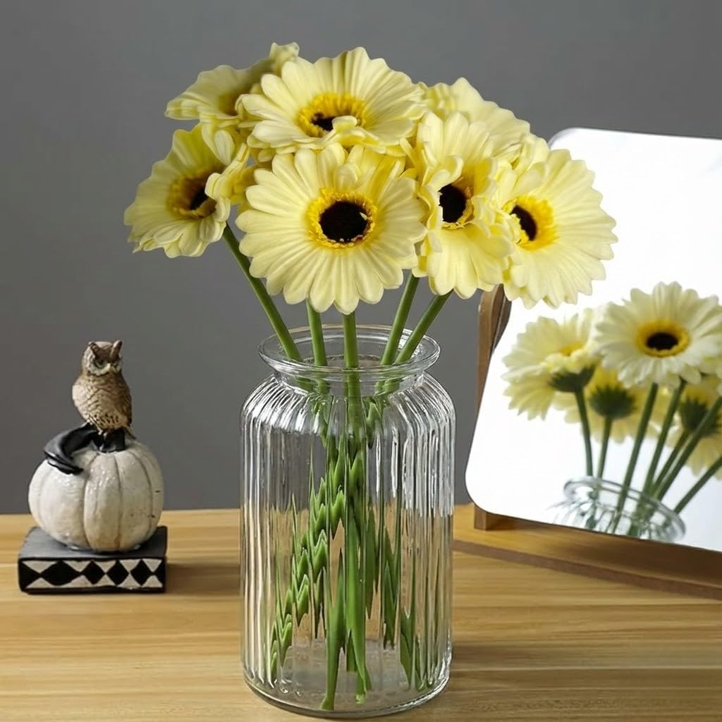 VENSA KINS Artificial Gerbera Flower Sticks (Pack of 5) for Decoration Yellow Faux Flowers for Vases Home Office Living Room Wedding and Party Long Lasting Washable and Reusable Floral Arrangement