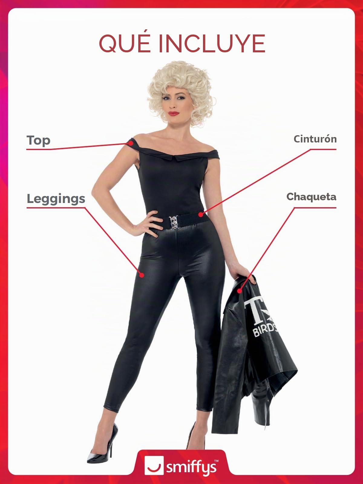 Smiffys Grease Sandy Final Scene Costume in Black for Adults, Jacket, Top, Leggings, and Belt, Officially Licensed, Leather-Look Jacket with Official Logo, Ideal for Group Fancy Dress