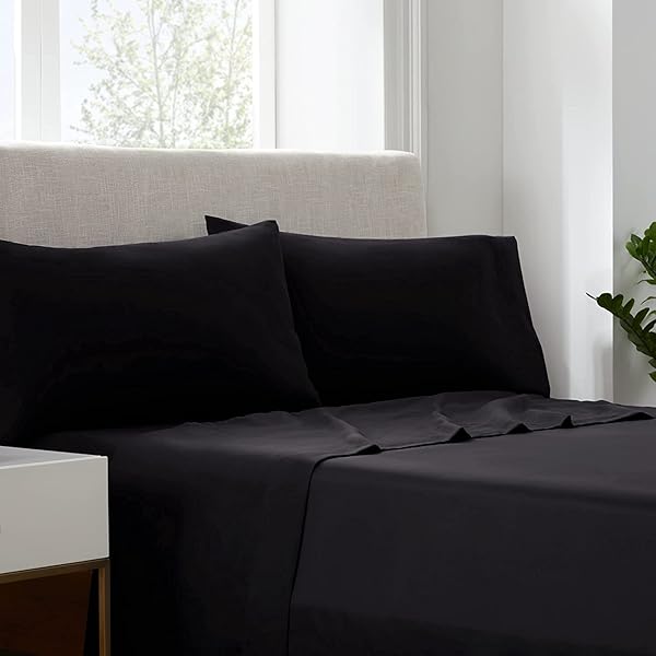 Serta Simply Clean Super Soft Hypoallergenic Stain Resistant Deep Pocket 3 Pieces Solid Bed Sheet Set, Twin XL, Black