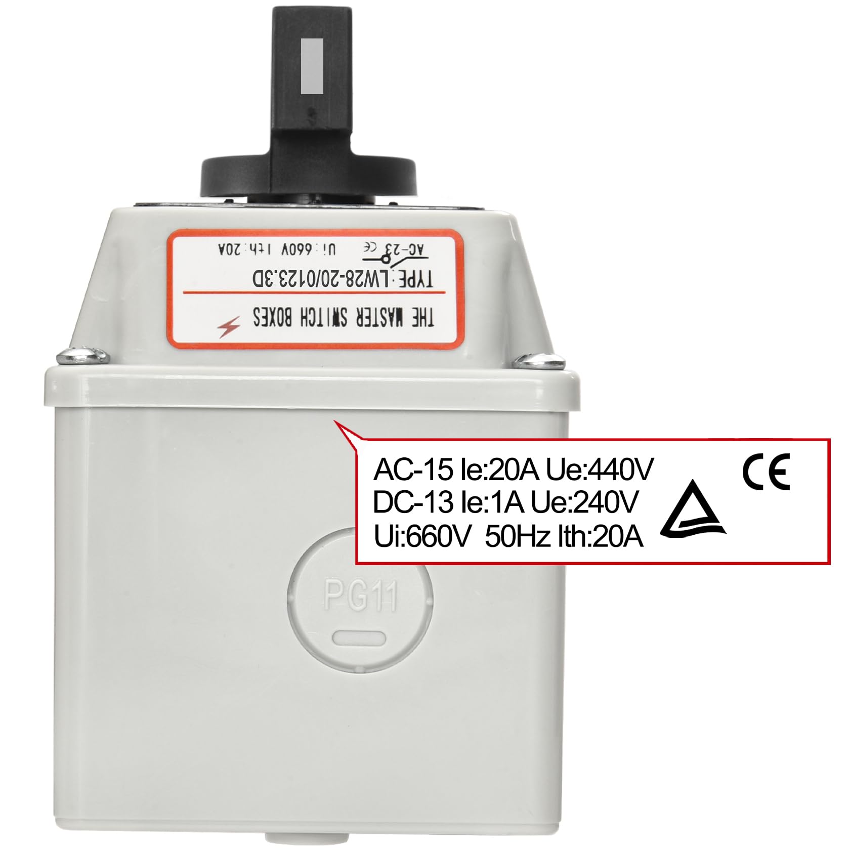 Heschen Sélecteur de came rotatif universel, LW28-20/0123.3D, 660V 20A, 4 positions, 3 phases, 12 bornes, CE, avec interrupteur principal dans la boîte extérieure LW28-20/4
