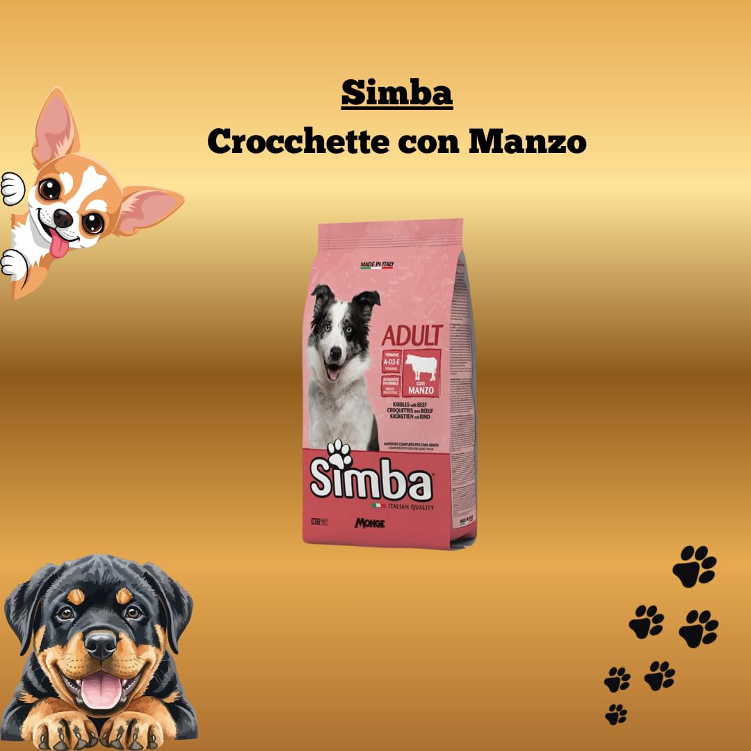 MONGE-SIMBA Cane Crocchette con Manzo | alimento secco completo per cani adulti di tutte le taglie, altamente digeribile, Made in Italy, monoproteico, 1 confezione da 20kg.