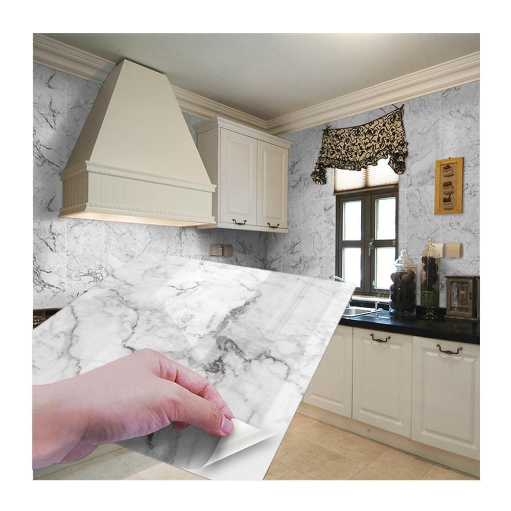 Trafagala Marble White Stick on Tiles 10Pcs, White Tile Stickers Self Adhesive Wall Tiles PET Peel and Stick Wall Glossy Stickers for Kitchen Bathroom